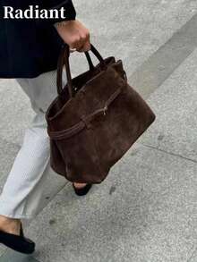 Vintage Autumn/Winter Large Capacity Faux Suede Tote Bag, European And American Style, Versatile Commute Casual Daily Shoulder Bag - Coffee - View 9
