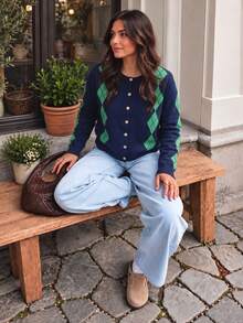Women's Vintage Argyle Knit Cardigan, Long Sleeve Button Round Neck Top, Medium Stretch Regular Fit Autumn Sweater - Multicolor - View 1