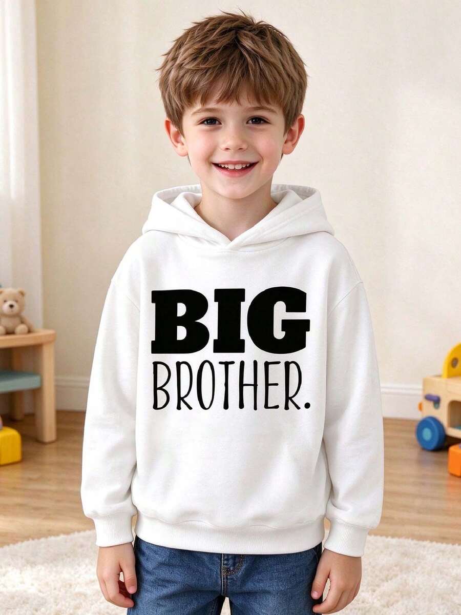 Young Boy Letter Print Long Sleeve Casual Warm Sweatshirt - White - View 1