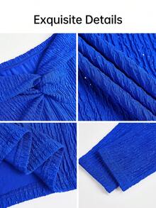 AIJ Women's Royal Blue Knitted One-Shoulder Long Sleeve Jumpsuit, Twisted Ruched Detail, Elastic Slim Fit Long Length Elegant Dress, Suitable For Party, Banquet, Formal Holiday Occasions, Christmas - Royal Blue - View 6