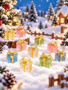 30PCS Christmas Gift Box Ornaments, Colourful Present Box Figurines For Christmas Village, Tabletop, Shelf, Mantel And Festive Home Decor - Clear Gift Box - View 6