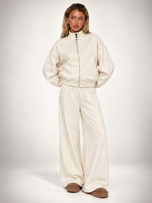 Women's Casual Cream Color 2 Pieces Set, Autumn/Winter Wool Fabric, Includes Zipper Jacket And Wide Leg Pants, Vintage Daily Outfit Set, With Pockets - Apricot - View 1