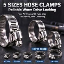 50Pcs Stainless Steel Hose Clamp Kit, Men's Tools, Auto Accessories, Auto Machinery Tools, 5 Sizes Adjustable Pipe Clips, Various Water, Oil, Air Hoses, Install & Lock, For Home Decoration, Engineering Construction, Pipe Connection & Fixing - American Style Clamp Set - View 2