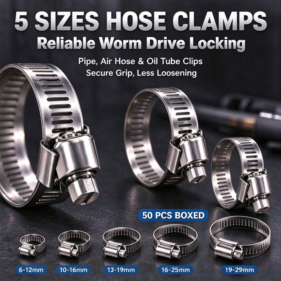 50Pcs Stainless Steel Hose Clamp Kit, Men's Tools, Auto Accessories, Auto Machinery Tools, 5 Sizes Adjustable Pipe Clips, Various Water, Oil, Air Hoses, Install & Lock, For Home Decoration, Engineering Construction, Pipe Connection & Fixing
