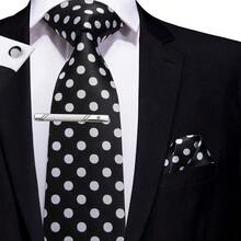 4Pcs Men Formal Suit Accessory Kit, Black Polka Dot Jacquard Tie, Pocket Square, Cufflinks & Tie Clip, Random Cufflink Design - Black - View 2