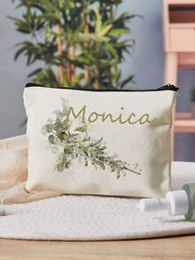 Personalized Name Eucalyptus Makeup Bag, Customized Text Cosmetic Bag, Travel Toiletry Storage Bag, Bridesmaid Customized Gift, Birthday, Christmas, Wedding Favor - Multicolor - View 6