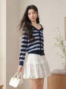 Sweet Cool Spicy Girl Style Asymmetrical Cold Shoulder Spaghetti Strap Patchwork Striped Long Sleeve Cardigan Women Autumn/Winter V-Neck Single-Breasted Contrast Color Knit Top Jacket - Black and Blue Striped Patchwork - View 5