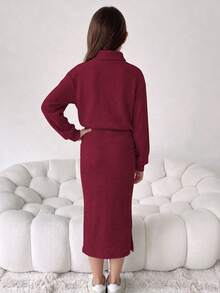 Tween Girl Solid Color High Neck Drop Shoulder Long Sleeve Ruched Casual Dress - Red - View 3