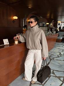 ACKCER Women's Autumn/Winter Stand Collar Zipper Drop Shoulder Elastic Hem Loose Short Wool Blend Jacket - Beige - View 3