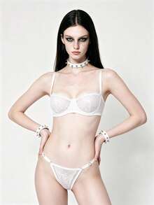 Lounge Court French Style Mesh Lace Bra + G-String Set, Semi-See-Through, For Romantic Trips & Fantasy Nights - White - View 5