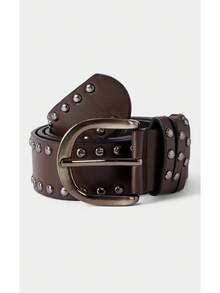 Noxbound 1pc Women's Coffee-Colored PU Leather Punk Style Double Row Rivet Decor Belt, Versatile Accessory Summer, School Fall, Autumn, Halloween - Coffee Brown - View 1