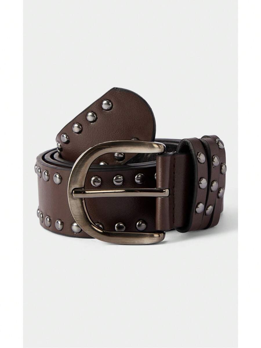Noxbound 1pc Women's Coffee-Colored PU Leather Punk Style Double Row Rivet Decor Belt, Versatile Accessory Summer, School Fall, Autumn, Halloween - Coffee Brown - View 1