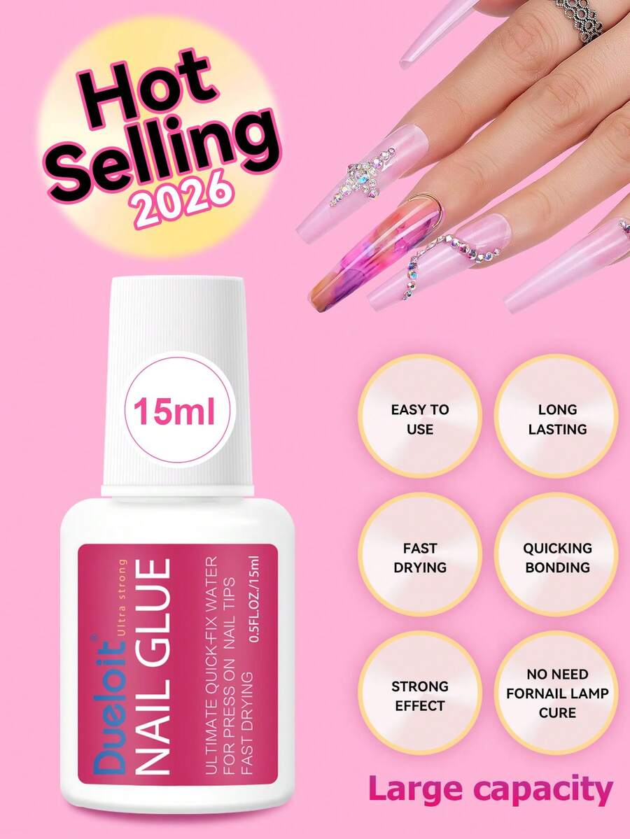 15ml Super Strong Nail Glue, Suitable For Nail Tips, Acrylic Nails And Press-On Nails, Long-Lasting, Suitable For Acrylic Fake Nail Tips, Nail Glue Gel