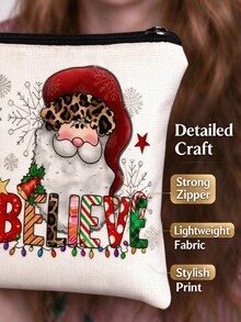 1pc Santa Claus Print Linen Zipper Pouch, Cute Cartoon Hand-Drawn Pattern With Christmas Hat, Sunflower, Snowflake And Gift Box Elements, Portable Flat Handbag, Large Capacity Storage Bag For Cosmetics, Lipstick, Stationery, Data Cable, Keys And Coins, Lightweight And Durable, Zipper Closure To Prevent Items From Falling Out - Multicolor - View 5
