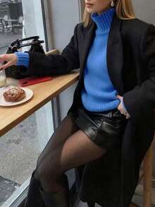 女款秋冬新款高領灰色極簡通勤修身優雅羅紋長袖針織套頭毛衣 - 深藍 - 查看 5