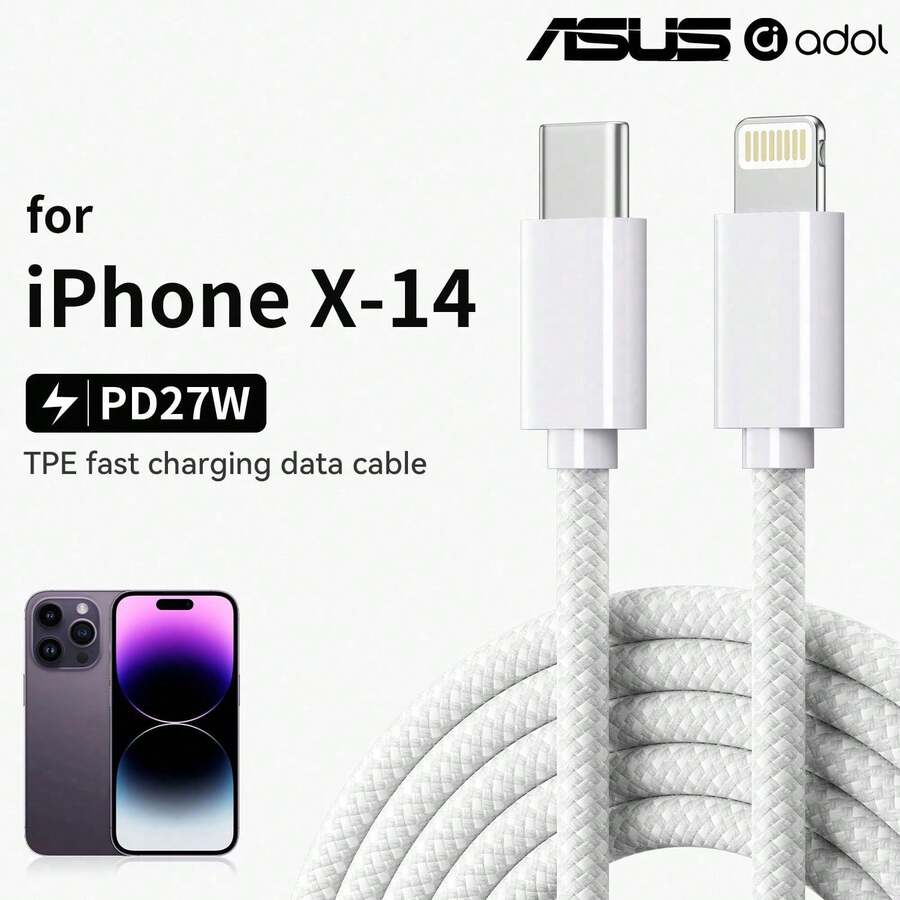 ASUS USB-C To Lightning Data Cable Compatible With IPhone 14/13/12/11 Pro Max/XR/XS/X Type-C Car Charger CarPlay Data Cable, Compatible With Apple Data Cable, Supports PD, Compatible With Iphone 14 Charging Cable, Smartphone, Compatible With IPad 11 Tablet Lightning To Type-C Charging Cable 3.28ft 6.56ft Extended Cable - White - View 1