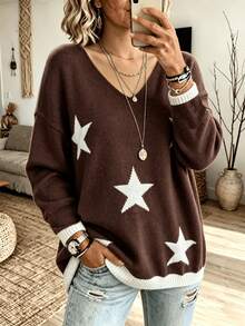 Plus Size Women's Star Pattern Casual Versatile Daily Wear Long Sleeve Sweater - Brown - View 4