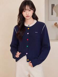 Women's Autumn/Winter Casual Minimalist Contrast Trim Design Colorful Button Knit Cardigan Jacket Sweater - Navy Blue - View 1