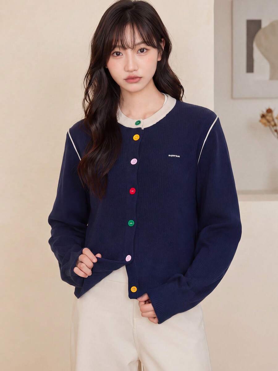 Women's Autumn/Winter Casual Minimalist Contrast Trim Design Colorful Button Knit Cardigan Jacket Sweater - Navy Blue - View 1