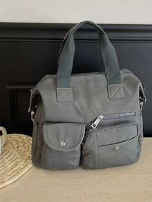 Tas jinjing nilon abu-abu dengan banyak kantong, desain kancing jepret dan resleting, kapasitas besar, tas selempang, ringan, tas bahu kasual untuk bepergian. - Grey - View 5