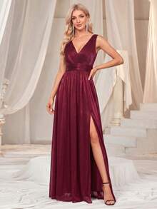 XUCTHHC Elegant V-Neck Sleeveless Chiffon A-Line Formal Evening Dress, Suitable For Wedding Guest, Prom, Party, Holiday, Autumn/Winter - Burgundy - View 2