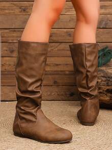 Maillard Brown Vintage Pleated High-Top Riding Boots For Women, Round Toe Flat Sole Side Zipper, Distressed Soft Leather Material, Loose Stacked Shaft, Versatile Long Boots For Autumn/Winter - Brown - View 6