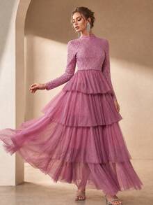 Women's Long Party Dress, Layered Mesh Skirt, Contrast Lace Collar Long Sleeve Top, Elegant A-Line Dress - Pink - View 1