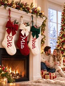 Personalized Christmas Stockings With Custom Name, Luxury Soft Xmas Stocking With 3D Bow, Large Hanging Christmas Decor For Fireplace Mantel Tree, Custom Holiday Gift For Family Couples Pets, Christmas Home Party Decorations, Christmas Decrations - Multicolor - View 4
