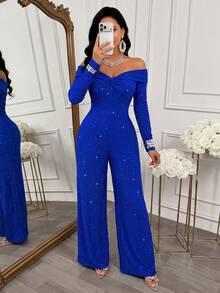 AIJ Women's Royal Blue Knitted One-Shoulder Long Sleeve Jumpsuit, Twisted Ruched Detail, Elastic Slim Fit Long Length Elegant Dress, Suitable For Party, Banquet, Formal Holiday Occasions, Christmas - Royal Blue - View 5