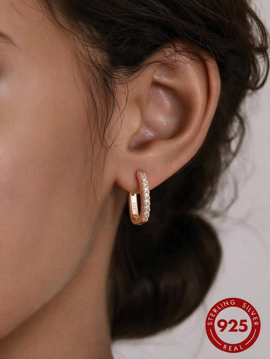 S925 純銀長方形耳環,4色鑲鑽 CZ U型 Huggie 耳環,低過敏簡約女款飾品 - 玫瑰金 - 查看 1