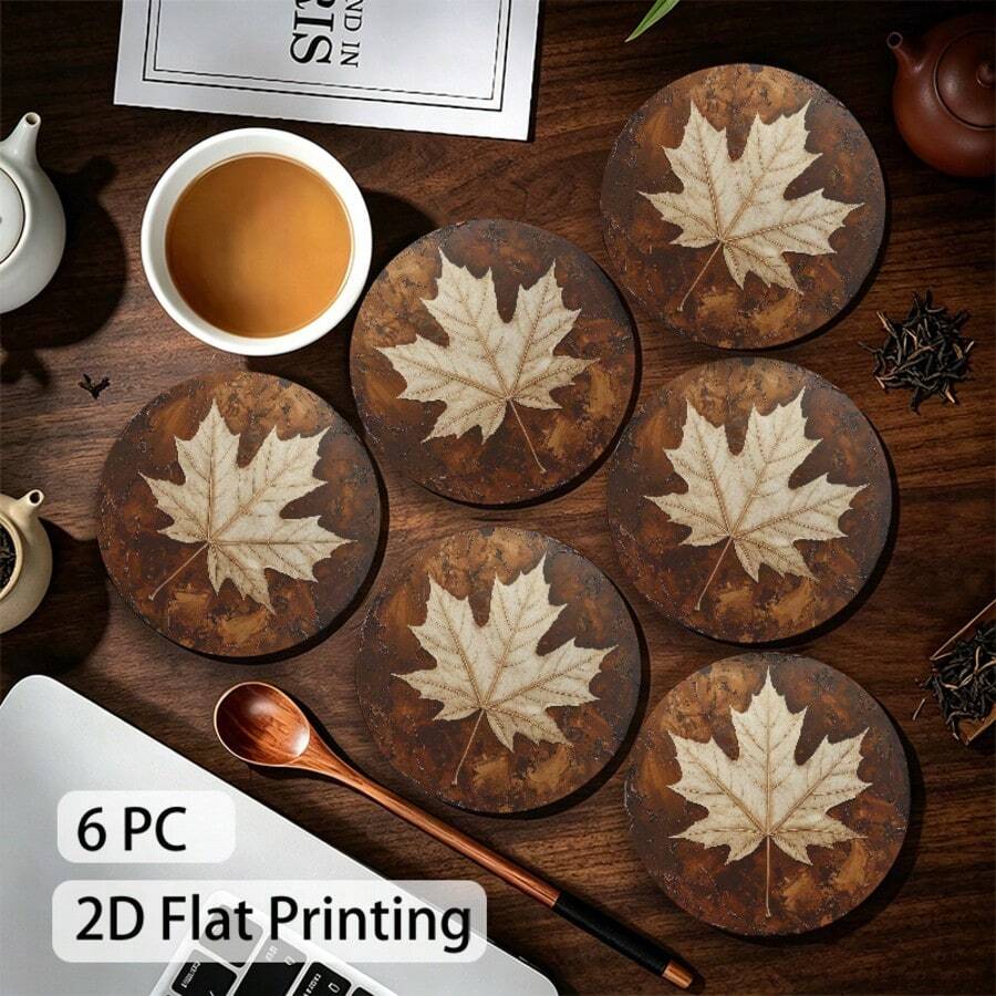 2D Flat Printed 6pcs/Set Coasters, Country Style Maple Leaf Autumn Warm Pattern, Printed, Non-Slip, Heat-Resistant Durable Beverage Mat, Holiday Party Tabletop Protection Mat, Home Decor - View 1