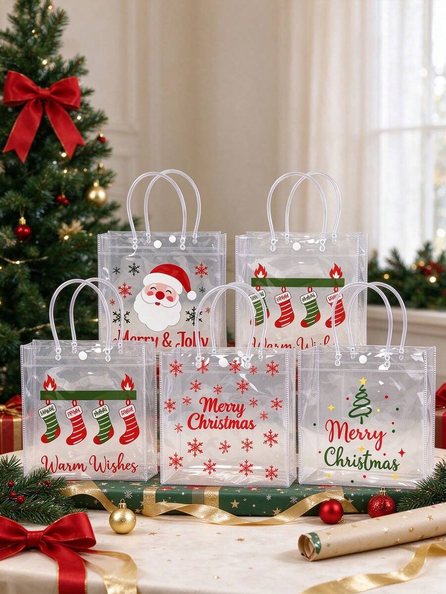 1 Set Transparent Christmas Gift Bags - Plastic Gift Bags With Handles And Ribbons, Suitable For Christmas Party Gifts - Multicolor - View 1