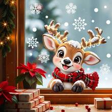 1Pc Cute Reindeer Christmas Window Clings Static Decals Santa Hat String Lights Kids Room Holiday Decor Window Decals - Multicolor - View 5