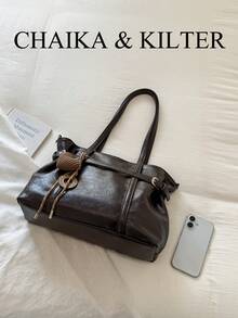 1pc PU Fabric Shoulder Tote Bag With Buckle, Suitable For Commuting, Shopping, Etc. (With Pendant) - Coffee - View 4