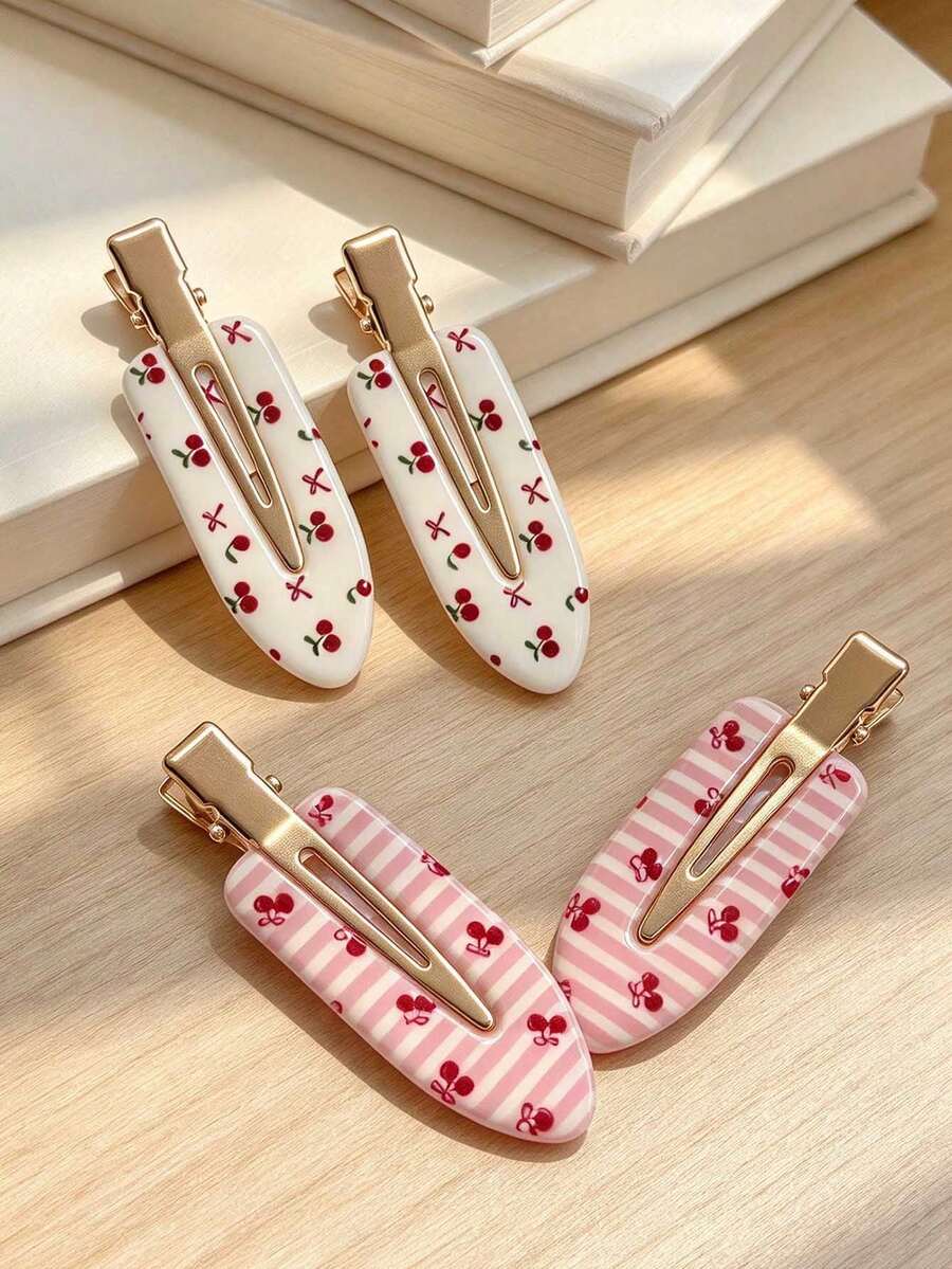 4pcs Women's Acetate Cherry Print Design + Pink And White Matching Design Fresh Sweet Style Side Bangs Hair Clips Duckbill Hair Clips Makeup Bangs Hair Clips Seamless Clips Daily Wear Versatile Elegant Accessories Spring Summer Autumn Winter Fashion Hair Accessories Suitable For Daily Use - Multicolor - View 1