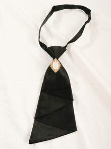 Solid Color Z-Pattern Tie, No-Tie Design, Rhinestone Fashion Bow Tie, Versatile Necktie - Black - View 3
