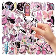 50Pcs Pink‑Purple Mystical Witchcraft Magic Pattern PVC Stickers, Sweet Cool Dark Fantasy Illustration Style, Waterproof PVC Material, Precise Die‑Cut, Tear‑Resistant, For Students & Journal Lovers, DIY Decoration For Journals, Water Bottles, Luggage, Notebooks PVC Decorative Stickers - Multicolor - View 3