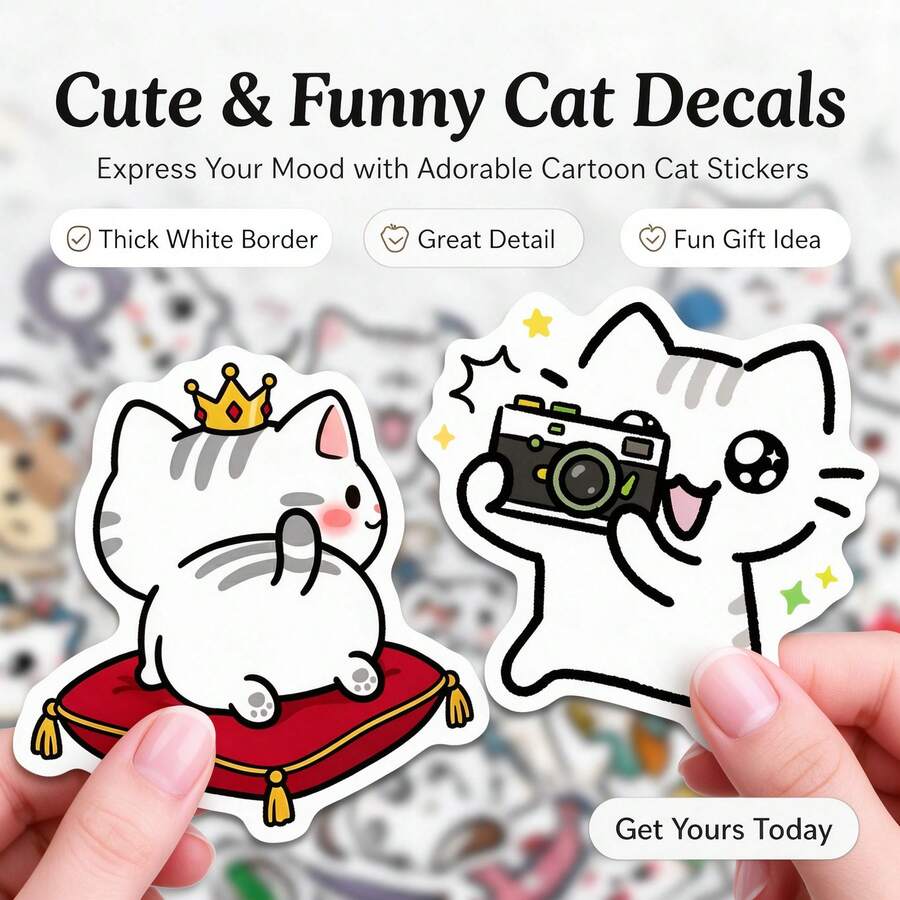 50pcs Cute Funny Cat Stickers, Japanese Style Expression Stickers, Aesthetic Line Art Pet Sticker Pack, Laptop Phone Planner Scrapbook Decoration, DIY Handmade Gift, Practical Christmas Gift For Cat Lovers - Multicolor - View 1