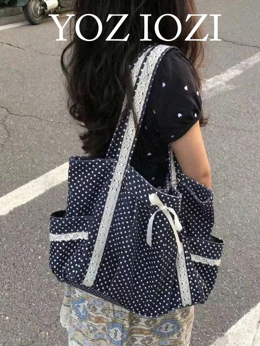 黑白波點帆布托特包,大容量對比色手提包,適合大學生,百搭單肩包,女性學生托特包,校園使用 - 黑色 - 查看 1