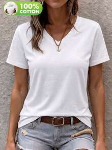 Women Casual V-Neck Short Sleeve Patchwork Cuff T-Shirt, Versatile Style For Spring And Summer 100Cotton - White - View 8