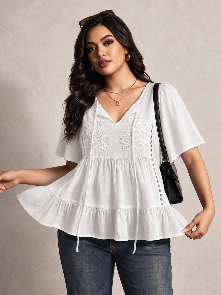 Rusttydustty Bohemian Style White Lace Embroidered V-Neck Loose Ruffle Sleeve Women's Vacation Blouse, Suitable For Autumn/Winter - White - View 1