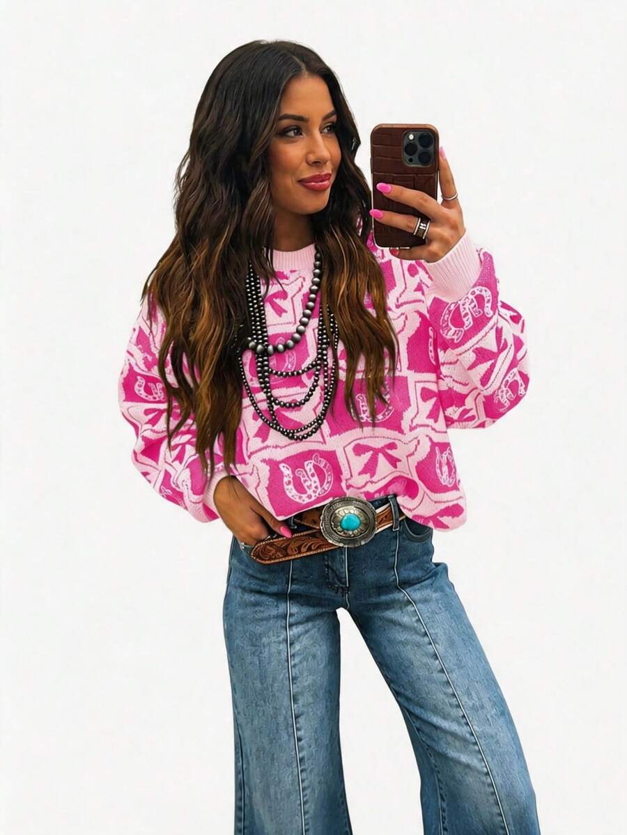 Acelitt Women's Fashionable Loose Fit Colorblock Western Style Sweater, Winter - Multicolor - View 1