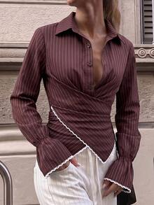 Women's Brown Striped Criss-Cross Design Long Sleeve Shirt - Brown - View 4