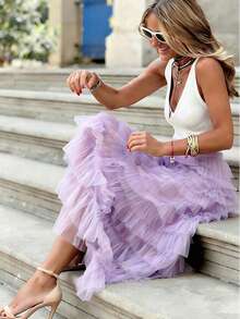New Arrival French Style Long Skirt For Women, Elegant Solid Color High Waist Tulle Puff Skirt, Autumn Vacation - Pinkish-purple - View 8