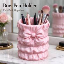 Pink Bow Pleated 3D Printed Storage Cylinder, Creative Sweet Design, Pen Holder & Makeup Brush 2-In-1, High-Value Desktop Organizer For Study And Vanity - Pink - View 5