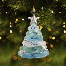1pc Personalized Sea Glass Style Christmas Tree Ornament, Featuring Beach Starfish, Shell And Pearl Design, 10cm Acrylic Hanging Keepsake, Suitable For Beach Lovers, Family Tree And Holiday Home Decor - Multicolor - View 6