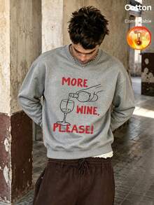 Men's Fleece Crew Neck Sweatshirt, Wine Pouring Print, MORE WINE PLEASE Text, Y2K Style, Autumn/Winter - Heather Gray - View 11