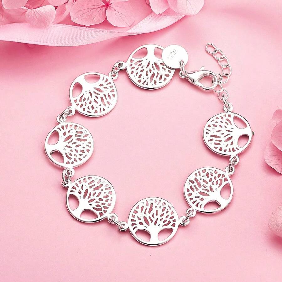 1pc 925 Silver-Plated 8-Inch Exquisite Multi-Piece Tree Round Disc Bracelet – Stylish Women's Wedding Jewelry & Party Gift - Silver - View 1