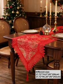 1pc 100% Polyester Beige & Red French Country Style Christmas Table Runner, Organza Fabric With Gold Bell & Floral Embroidery, Crocheted Lace Edge With Tassels, Christmas Party Holiday Table Decor - Red - View 14