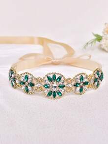 1pc Elegant Emerald Rhinestone Wedding Belt, Summer Waist Sash, Luxury Decorative Accessory For Wedding Guests Bridesmaids - Champagne - View 5